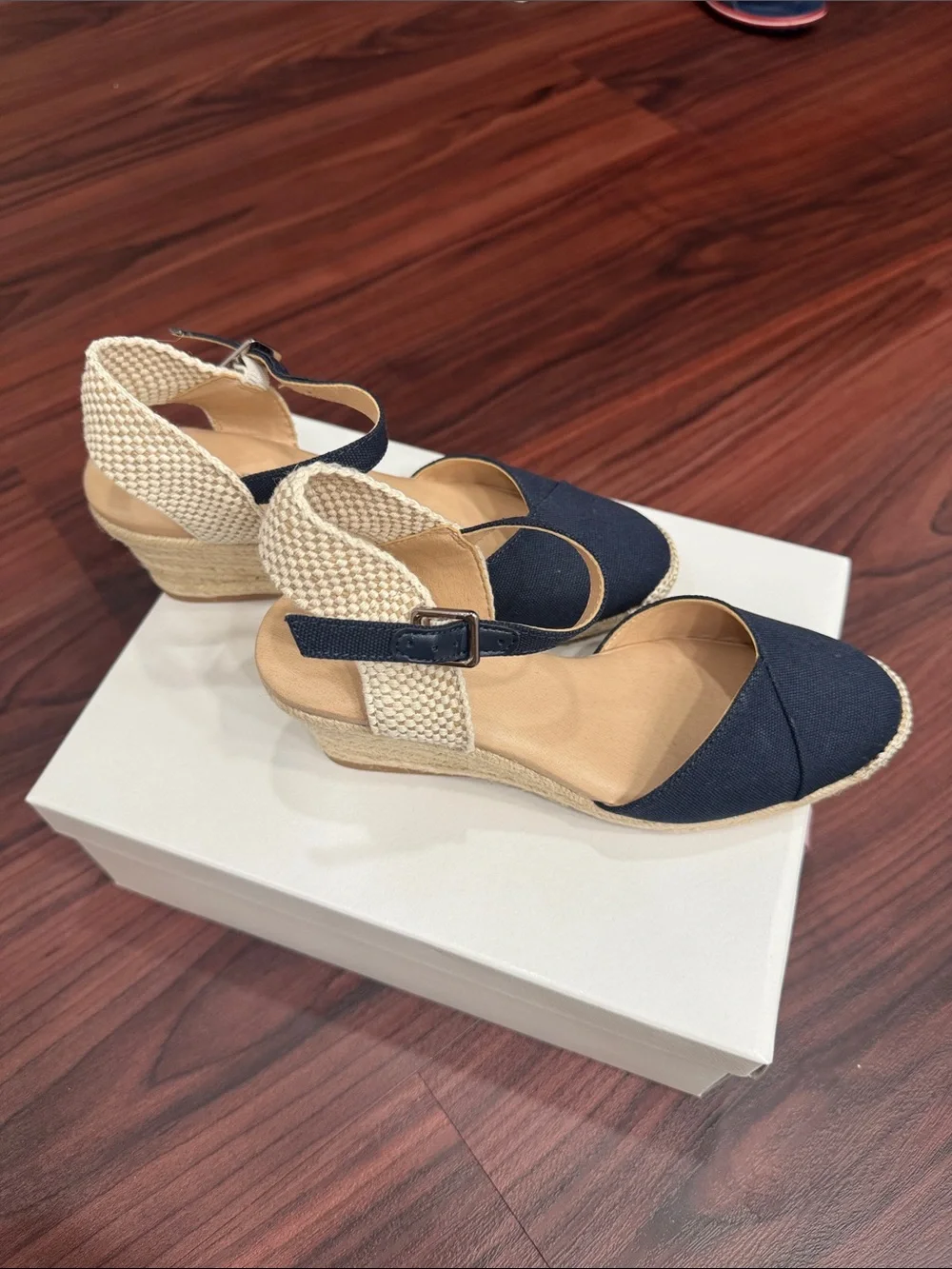 Alex Marie Navy and Tan Espadrille Wedge Sandals
